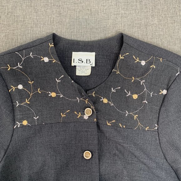 I.S.B. inc Vintage Gray Button Down Jacket 18W Shoulder Pads Beautiful Floral - Picture 5 of 14